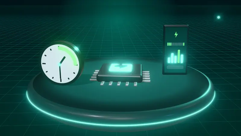 3D illustration of a microchip, a smartphone app and a clock with the overnight window lit on a floating island at night