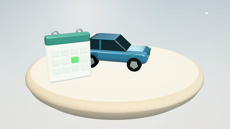 3D illustration of a blue electric car and a calendar on a floating island in daylight