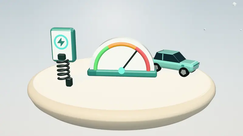 3D illustration of a speed dial, a mint green electric car and a wall-mounted home charger on a floating island in daylight
