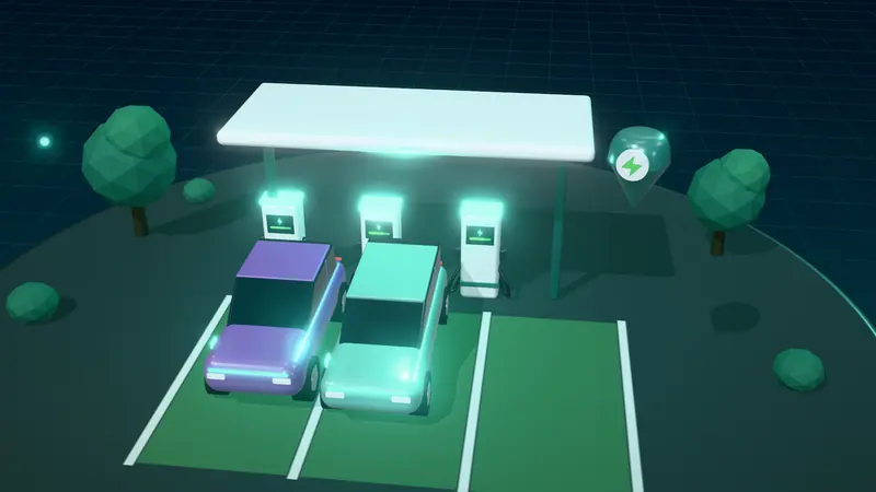 3D illustration of a public charging hub with rapid chargers under a canopy and electric cars in green bays at night, with a map pin