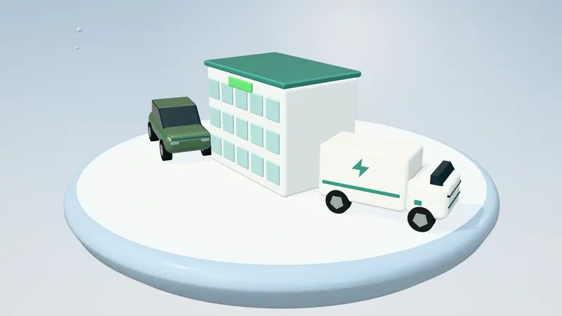 3D illustration of an office building, a green electric car and an electric van on a floating island in daylight