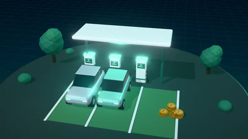 3D illustration of a public charging hub with rapid chargers under a canopy and electric cars in green bays at night, with stacks of pound coins
