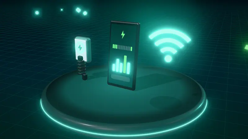 3D illustration of a smartphone app, a wall-mounted home charger and a wireless signal on a floating island at night