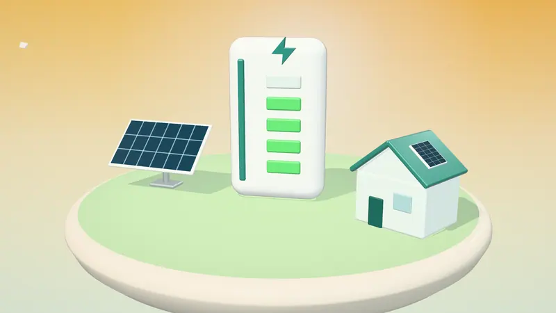 3D illustration of a home battery, a solar panel and a house with solar panels on a floating island in daylight