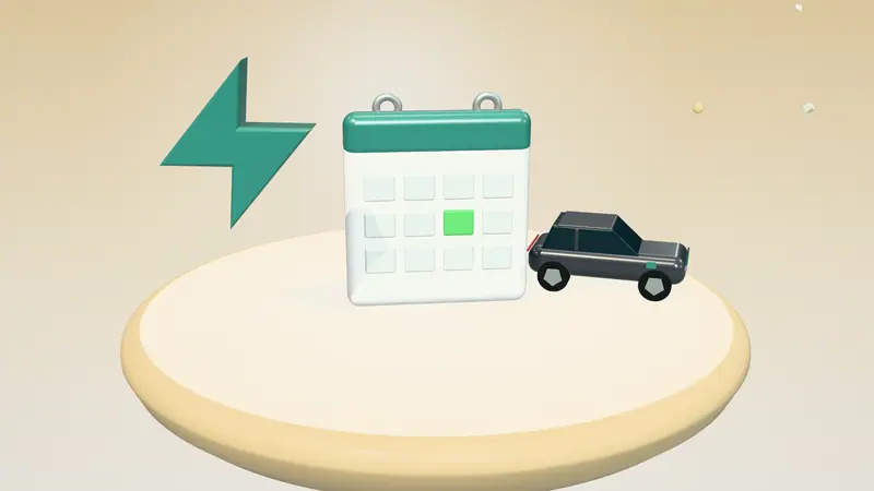 3D illustration of a calendar, a dark grey electric car and a lightning bolt on a floating island in daylight