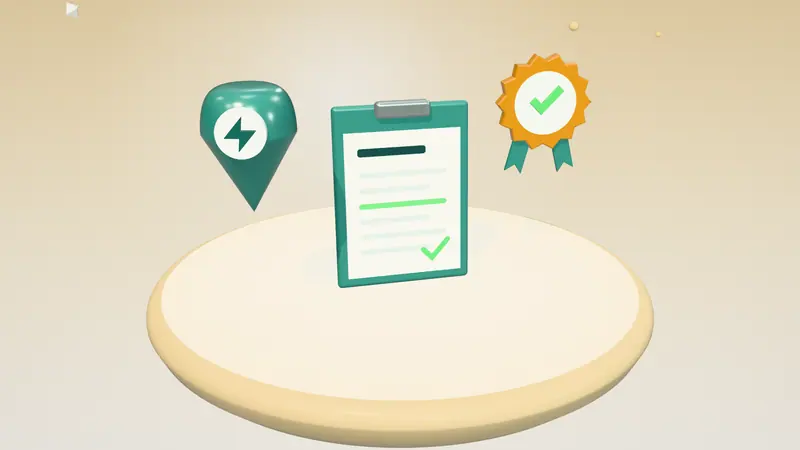 3D illustration of a clipboard with a form, an approval seal and a map pin on a floating island in daylight
