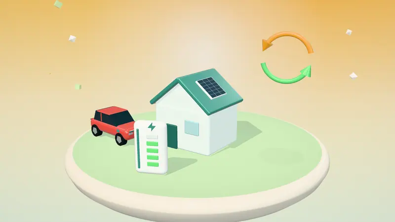 3D illustration of a house with solar panels, a red electric car, two-way energy arrows and a home battery on a floating island in daylight