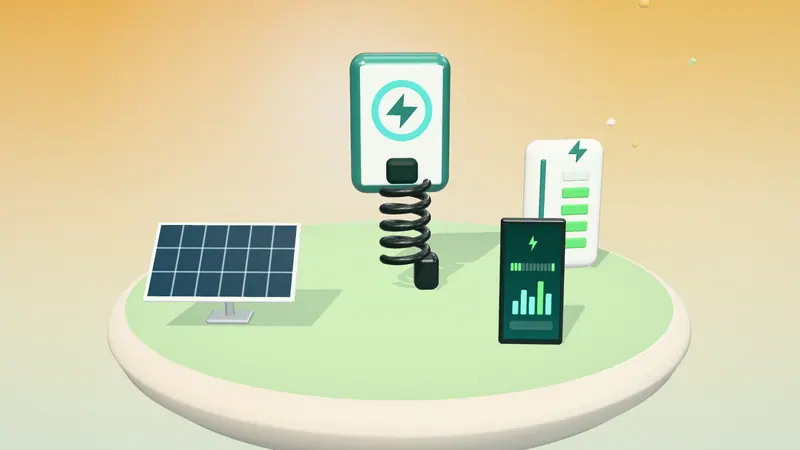 3D illustration of a wall-mounted home charger, a home battery, a solar panel and a smartphone app on a floating island in daylight