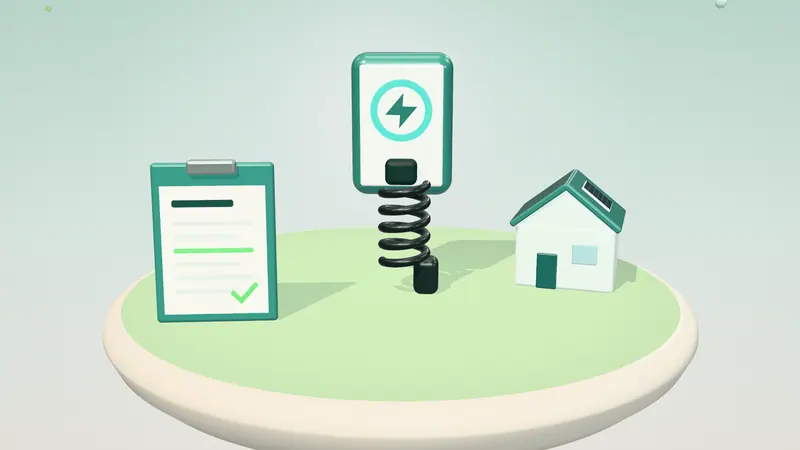3D illustration of a wall-mounted home charger, a house with solar panels and a clipboard with a form on a floating island in daylight