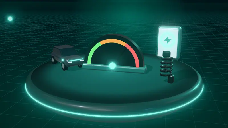 3D illustration of a speed dial, a dark grey electric car and a wall-mounted home charger on a floating island at night