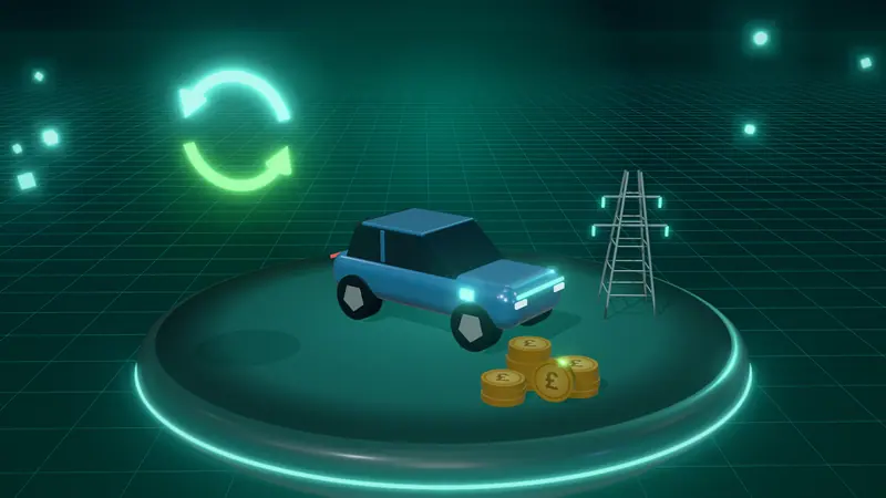 3D illustration of a blue electric car, an electricity pylon, two-way energy arrows and stacks of pound coins on a floating island at night