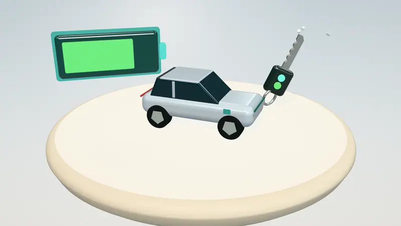 3D illustration of a silver electric car, a car key and a battery gauge on a floating island in daylight