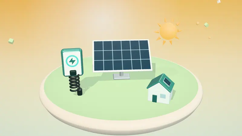 3D illustration of a solar panel, the sun, a wall-mounted home charger and a house with solar panels on a floating island in daylight