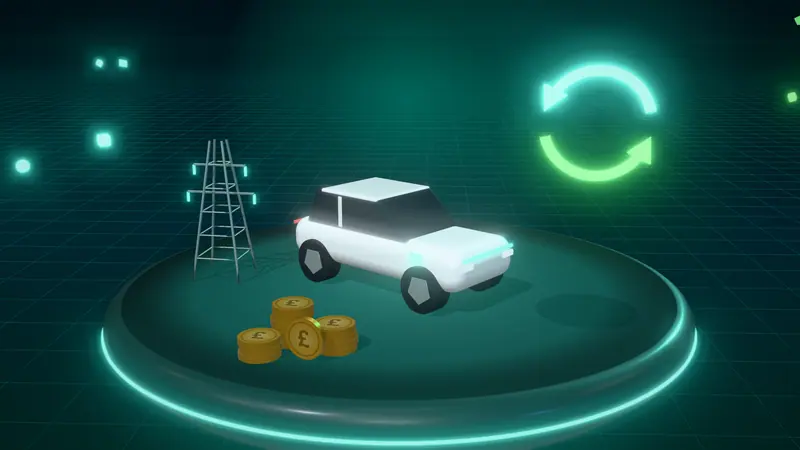 3D illustration of a white electric car, an electricity pylon, two-way energy arrows and stacks of pound coins on a floating island at night
