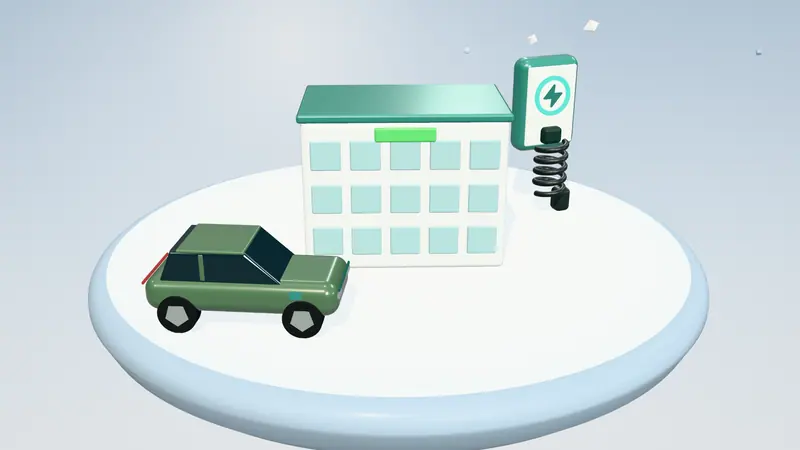 3D illustration of an office building, a wall-mounted home charger and a green electric car on a floating island in daylight