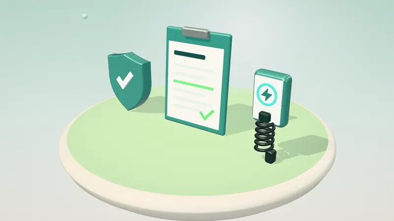 3D illustration of a clipboard with a form, a shield with a tick and a wall-mounted home charger on a floating island in daylight