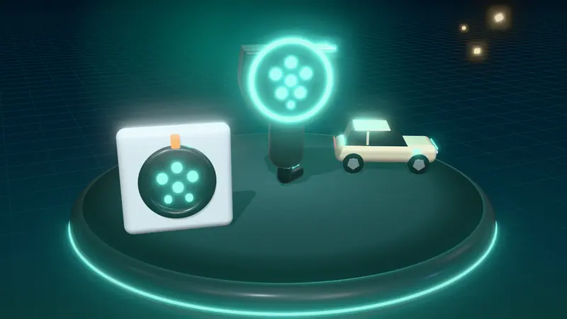 3D illustration of a Type 2 charging plug, a sand electric car and a Type 2 charging socket on a floating island at night