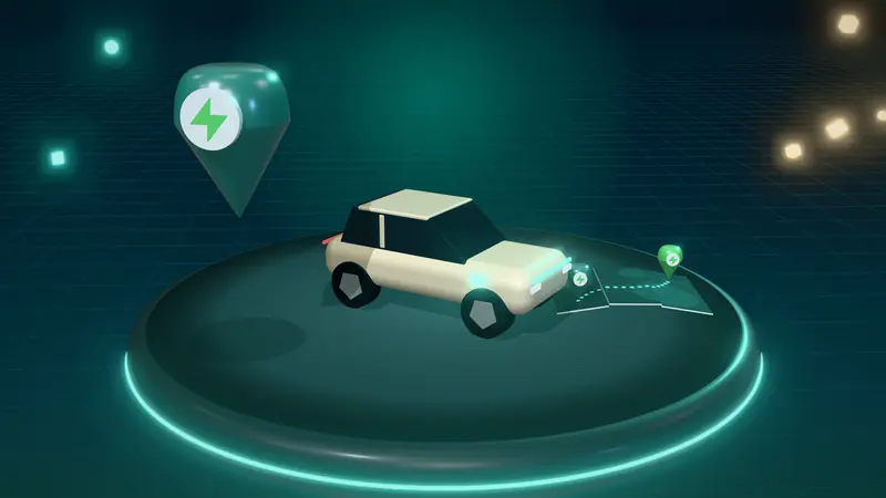 3D illustration of a sand electric car, a route map and a map pin on a floating island at night