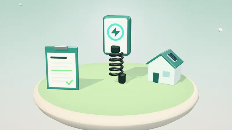 3D illustration of a wall-mounted home charger, a house with solar panels and a clipboard with a form on a floating island in daylight