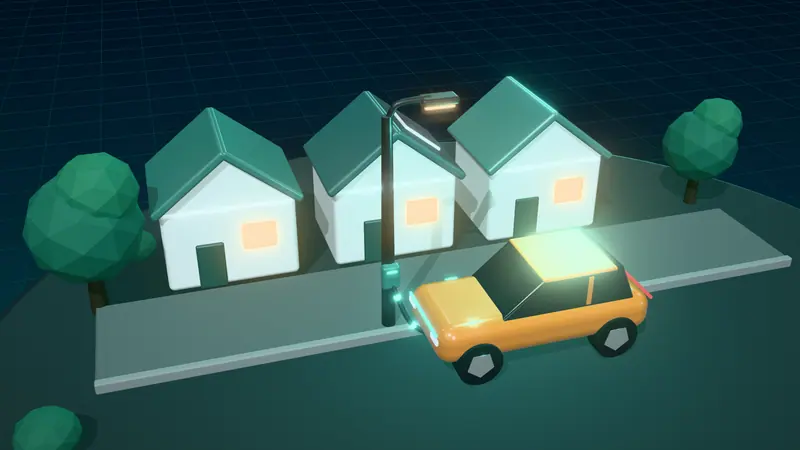 3D illustration of an electric car charging from a lamp-post charge point on a street at night