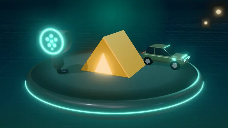 3D illustration of a tent, a green electric car and a Type 2 charging plug on a floating island at night