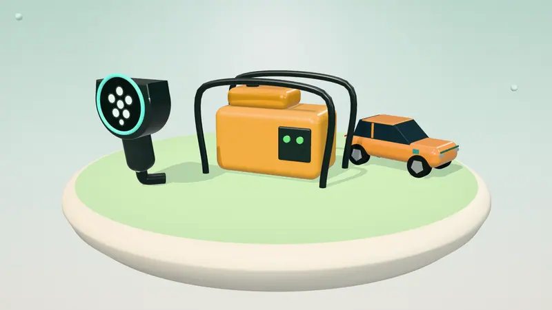 3D illustration of a portable generator, a orange electric car and a Type 2 charging plug on a floating island in daylight