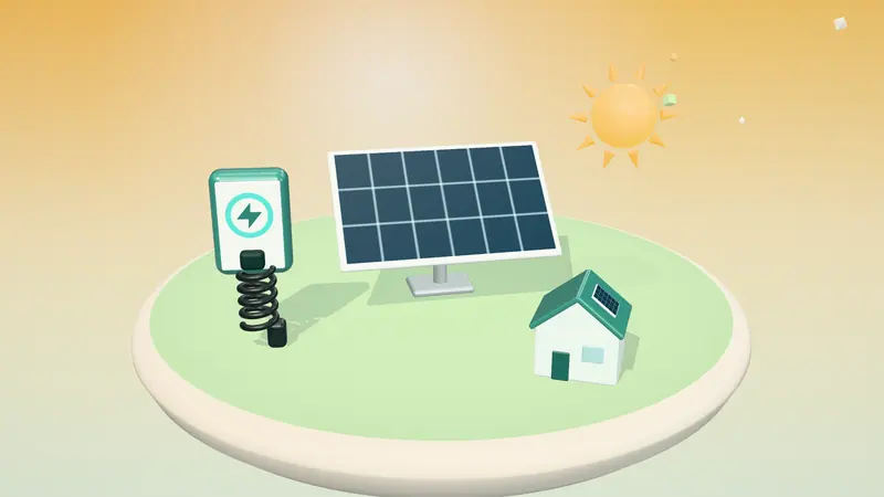 3D illustration of a solar panel, the sun, a wall-mounted home charger and a house with solar panels on a floating island in daylight