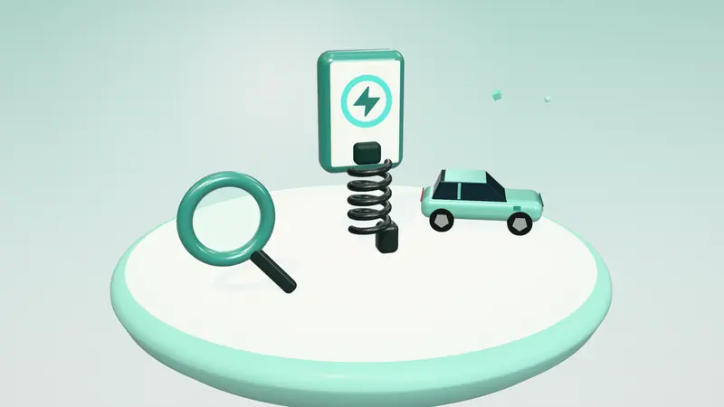 3D illustration of a wall-mounted home charger, a mint green electric car and a magnifying glass on a floating island in daylight