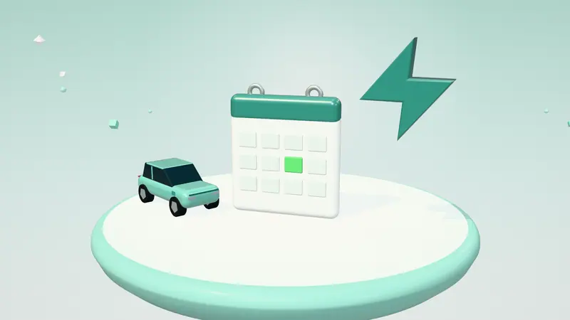 3D illustration of a calendar, a mint green electric car and a lightning bolt on a floating island in daylight