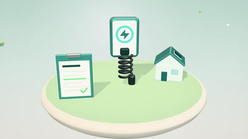 3D illustration of a wall-mounted home charger, a house with solar panels and a clipboard with a form on a floating island in daylight