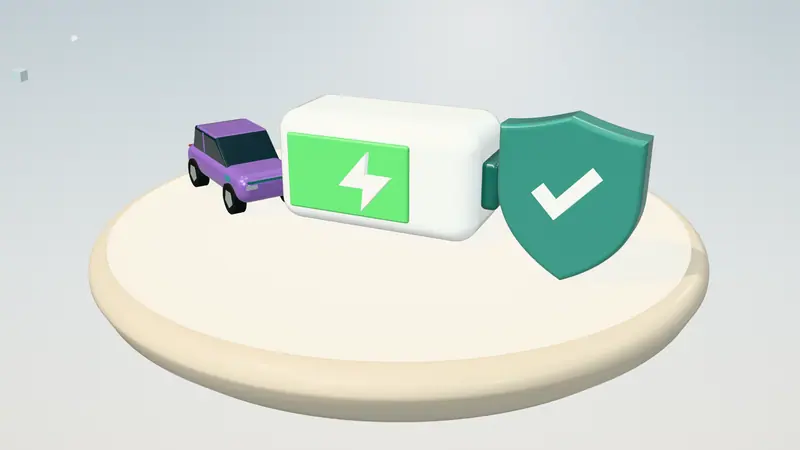 3D illustration of a car battery, a purple electric car and a shield with a tick on a floating island in daylight