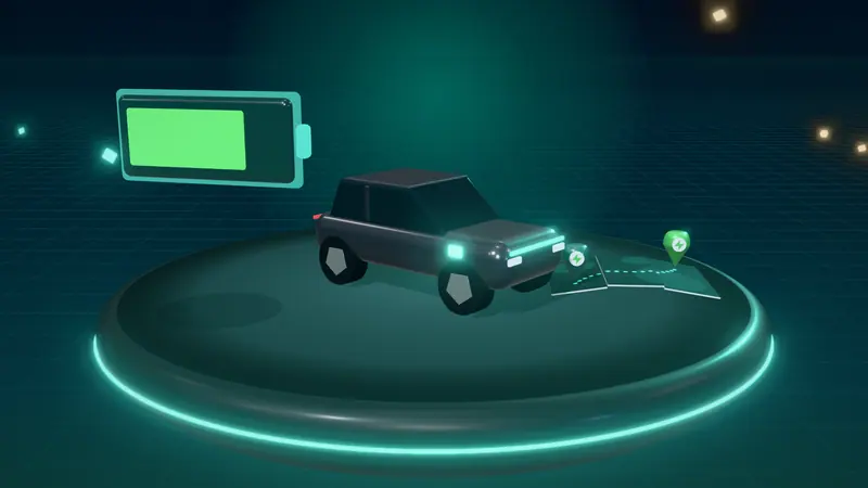 3D illustration of a dark grey electric car, a route map and a battery gauge on a floating island at night