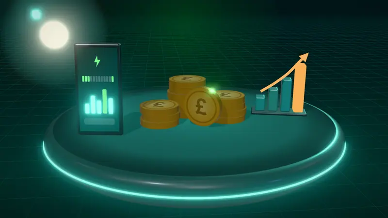 3D illustration of stacks of pound coins, a bar chart and a smartphone app on a floating island at night