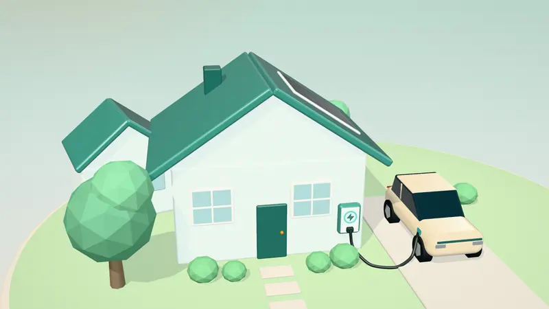 3D illustration of a sand electric car charging from a wall charger on the drive of a house in daylight, with a neighbouring house