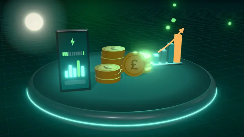 3D illustration of stacks of pound coins, a bar chart and a smartphone app on a floating island at night