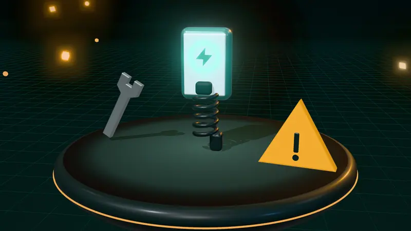 3D illustration of a wall-mounted home charger, a spanner and a warning sign on a floating island at night