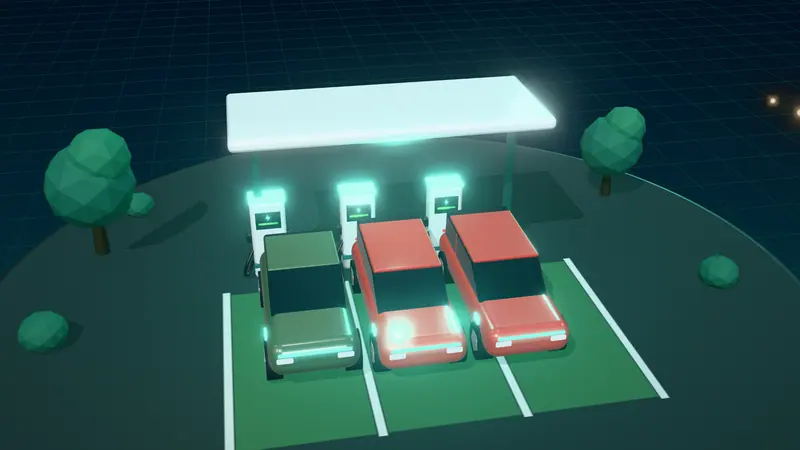 3D illustration of a public charging hub with rapid chargers under a canopy and electric cars in green bays at night