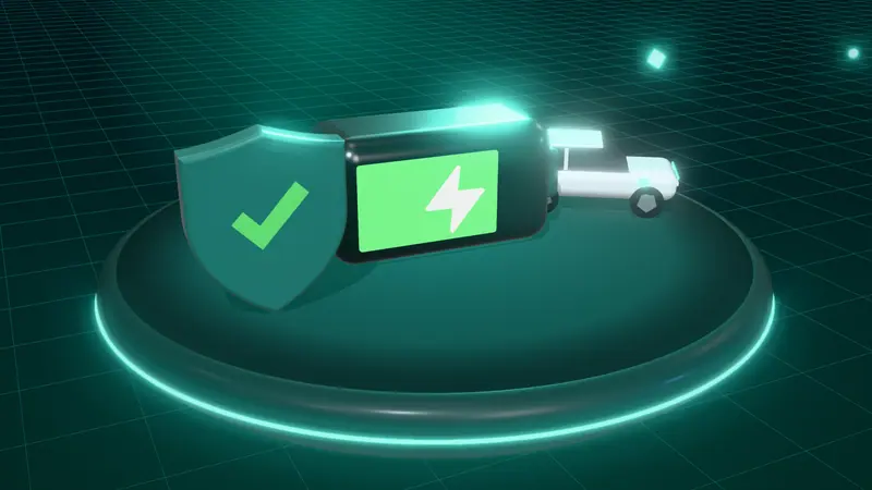 3D illustration of a car battery, a white electric car and a shield with a tick on a floating island at night