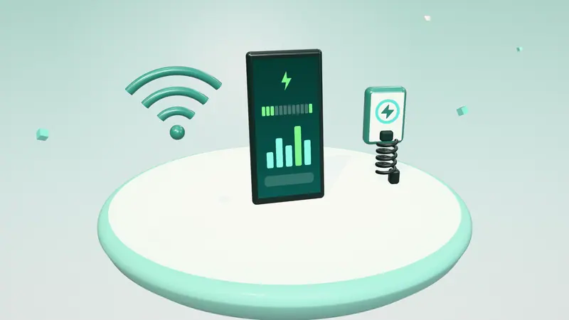 3D illustration of a smartphone app, a wall-mounted home charger and a wireless signal on a floating island in daylight
