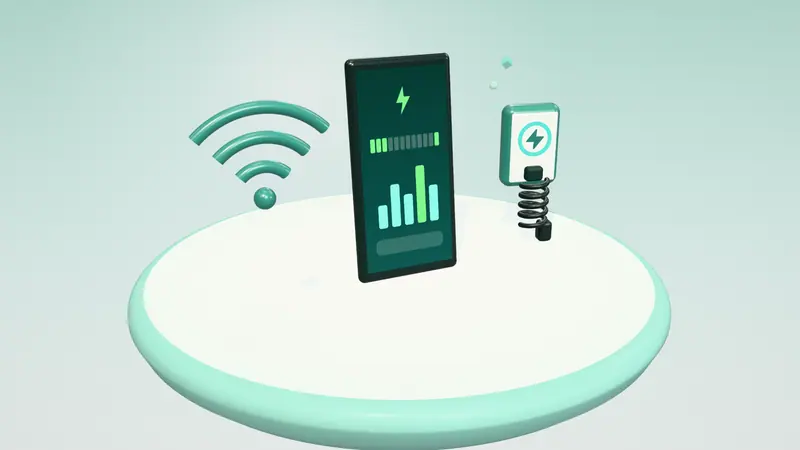 3D illustration of a smartphone app, a wall-mounted home charger and a wireless signal on a floating island in daylight