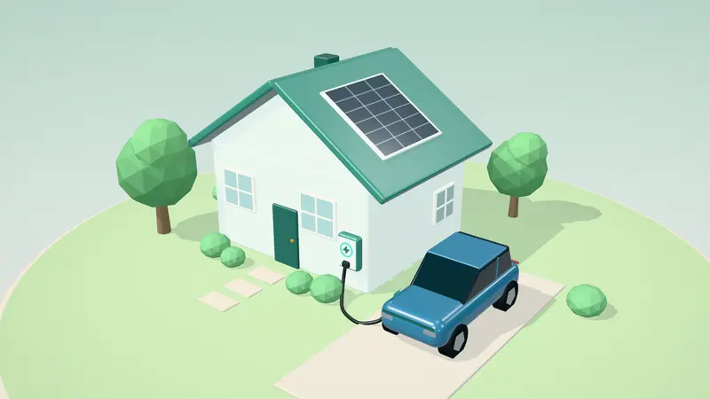3D illustration of a blue electric car charging from a wall charger on the drive of a house in daylight