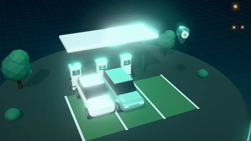 3D illustration of a public charging hub with rapid chargers under a canopy and electric cars in green bays at night, with a map pin