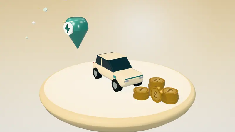 3D illustration of a sand electric car, a map pin and stacks of pound coins on a floating island in daylight