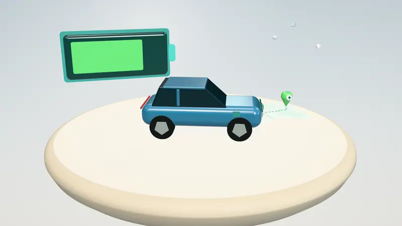 3D illustration of a blue electric car, a route map and a battery gauge on a floating island in daylight
