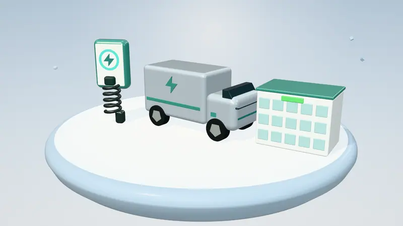 3D illustration of a silver electric van, a wall-mounted home charger and an office building on a floating island in daylight
