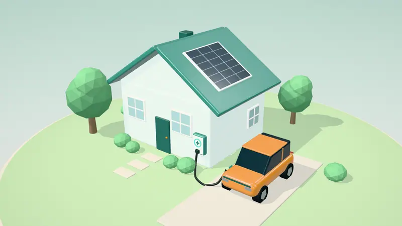 3D illustration of a orange electric hatchback charging from a wall charger on the drive of a house in daylight