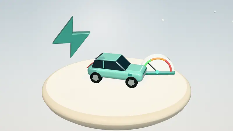 3D illustration of a mint green electric car, a speed dial and a lightning bolt on a floating island in daylight
