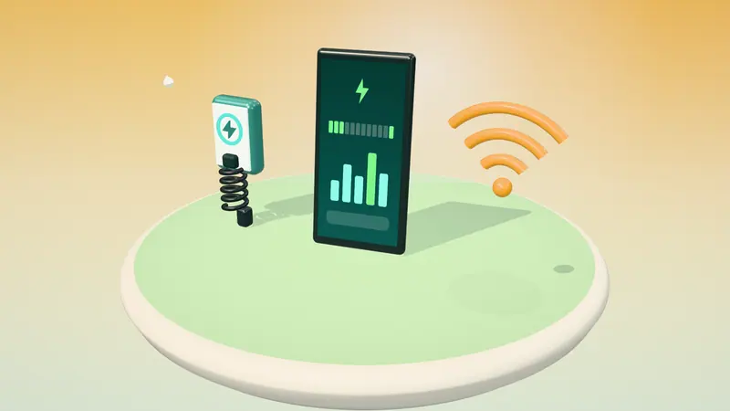 3D illustration of a smartphone app, a wall-mounted home charger and a wireless signal on a floating island in daylight