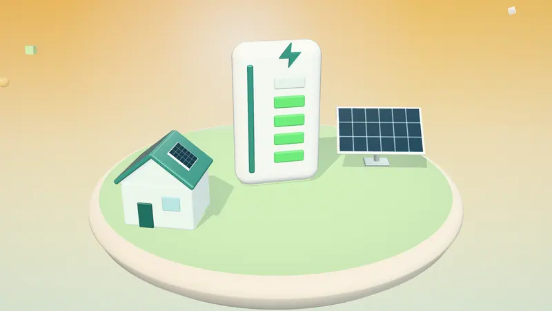 3D illustration of a home battery, a solar panel and a house with solar panels on a floating island in daylight