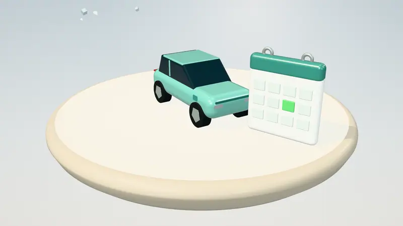 3D illustration of a mint green electric car and a calendar on a floating island in daylight